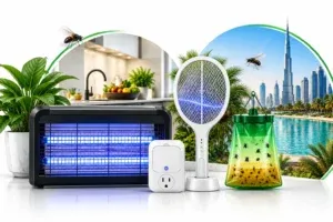 Fly killers for UAE homes, including an electric UV zapper, plug-in glue trap, fly racket and outdoor bait trap-hero
