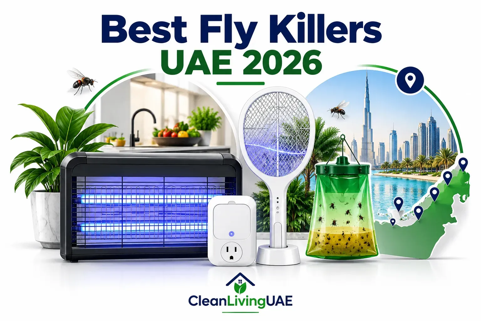 Fly killers for UAE homes, including an electric UV zapper, plug-in glue trap, fly racket and outdoor bait trap