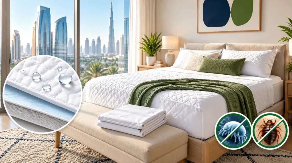 Hero-Waterproof mattress protector and zippered mattress encasement on a 180 x 200 cm bed in a UAE apartment bedroom