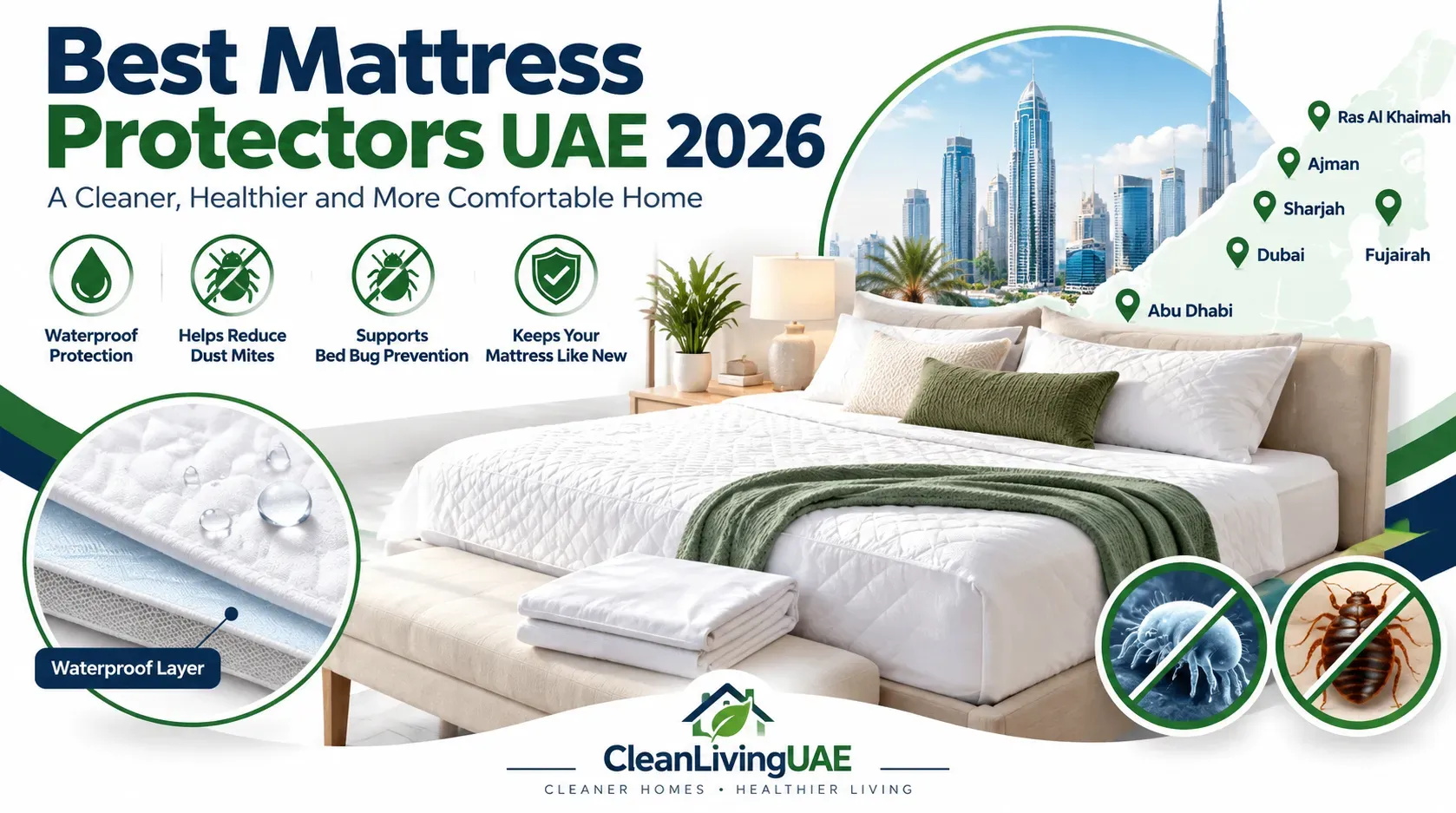 Waterproof mattress protector and zippered mattress encasement on a 180 x 200 cm bed in a UAE apartment bedroom
