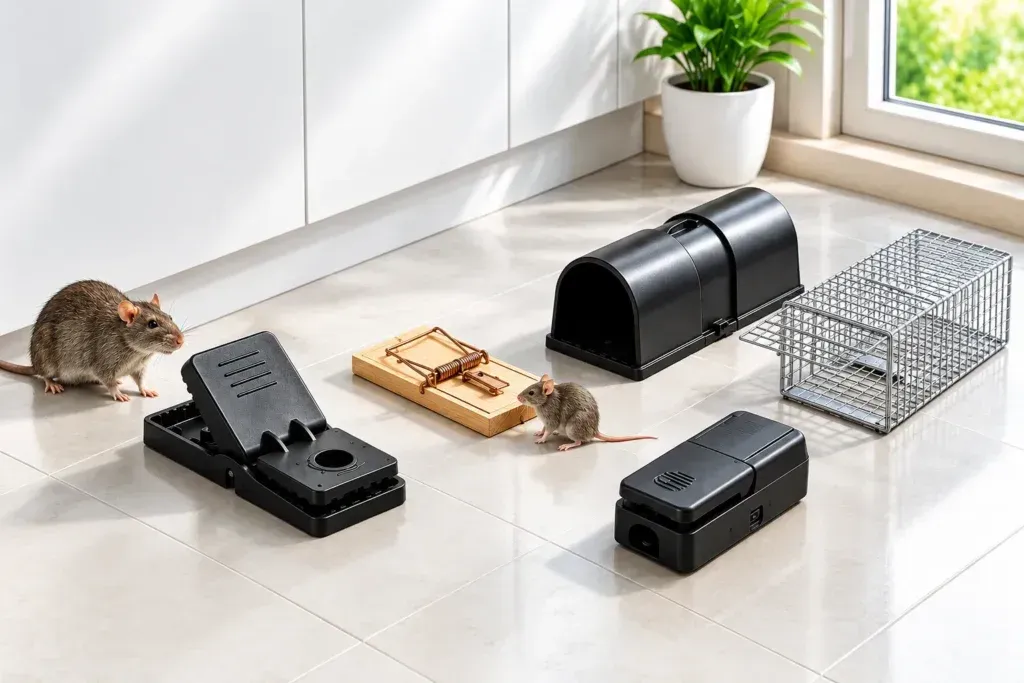 Rat snap trap, mouse trap, covered trap, cage trap and electronic trap arranged on a kitchen floor in a UAE apartment-hero