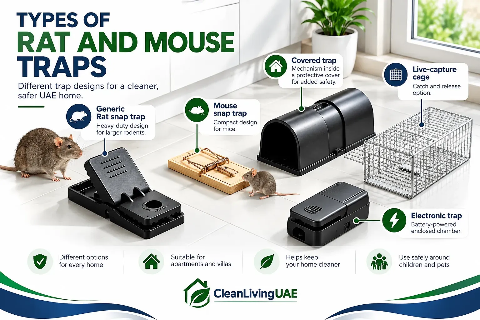 Rat and mouse traps for UAE homes, including snap, covered, cage and electronic traps on a kitchen floor