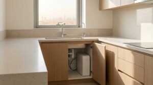 Under-sink water purifier installed in a modern UAE apartment kitchen cabinet
