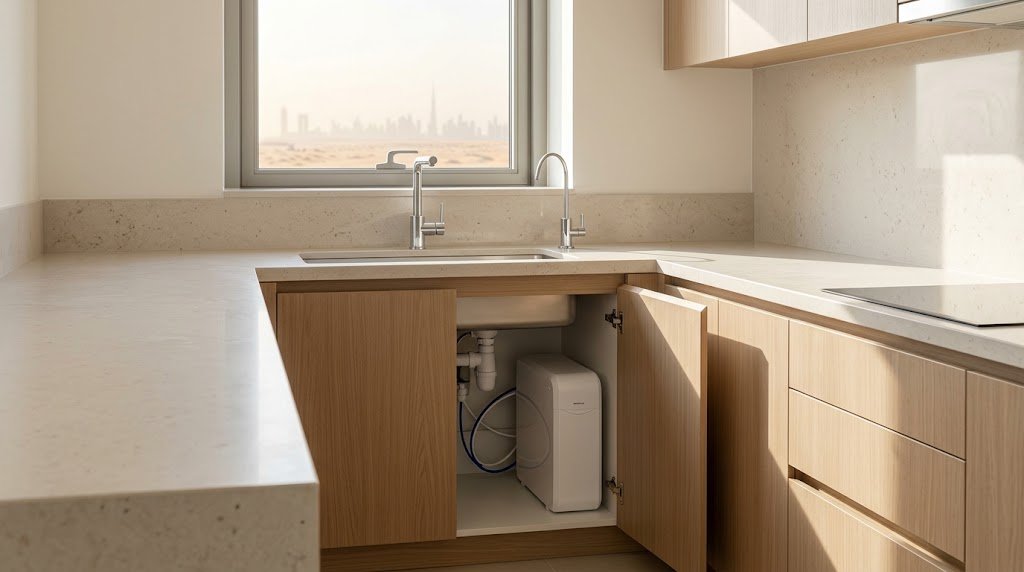 Under-sink water purifier installed in a modern UAE apartment kitchen cabinet