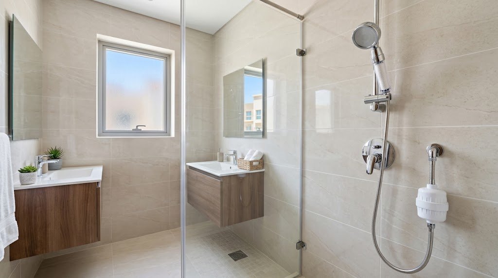best-shower-filters-uae - Handheld filtered shower head and in-line shower filter in a modern UAE apartment bathroom