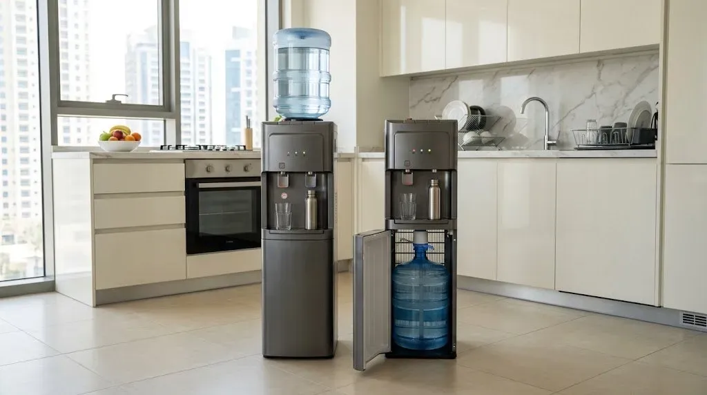 Bottom loading and top loading water dispensers side by side in a modern UAE apartment kitchen