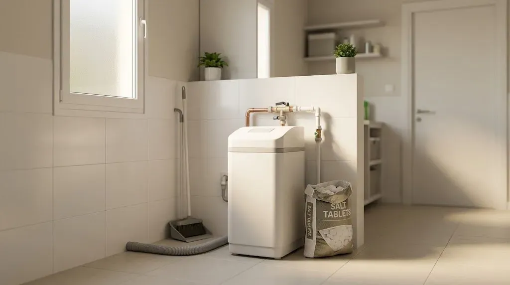 Compact cabinet water softener installed beside the main water supply in a UAE villa utility room
