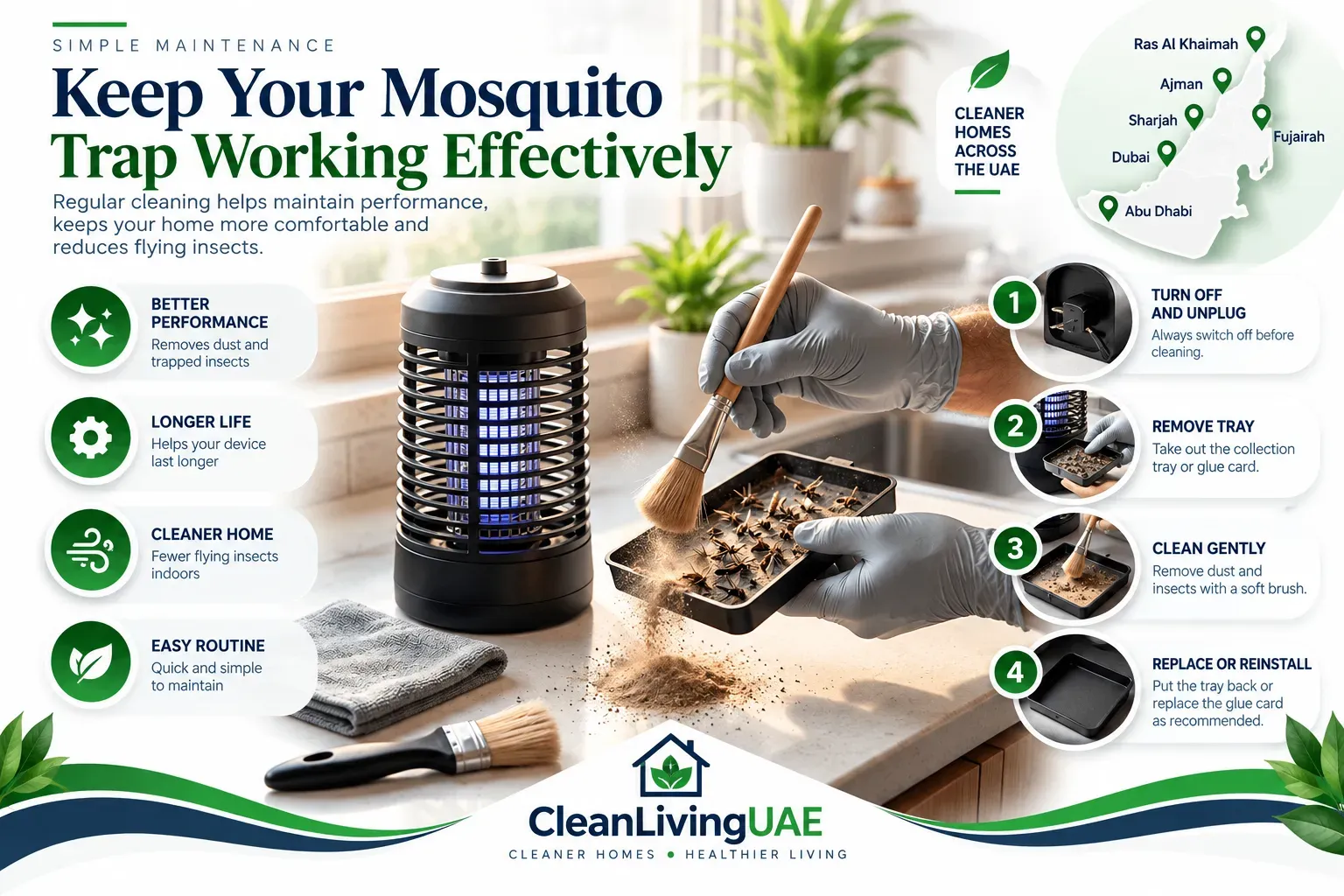 Cleaning dust from a mosquito trap collection tray in a UAE home