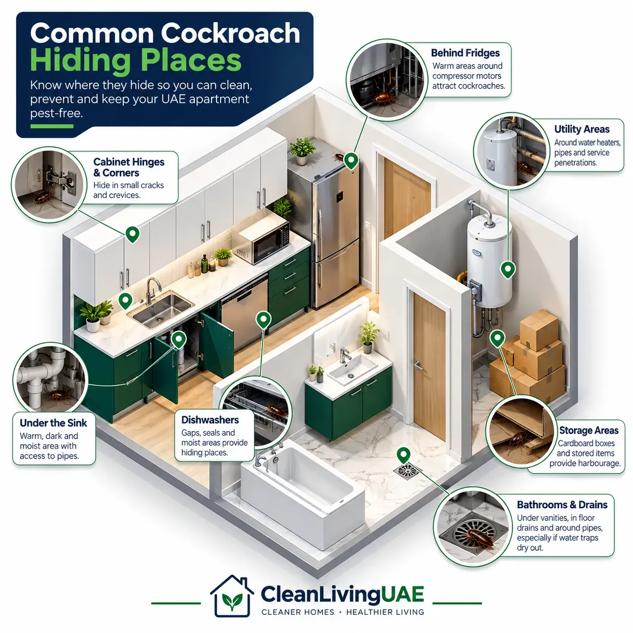 Cutaway apartment diagram showing common cockroach hiding places under sinks, behind refrigerators and near floor drains