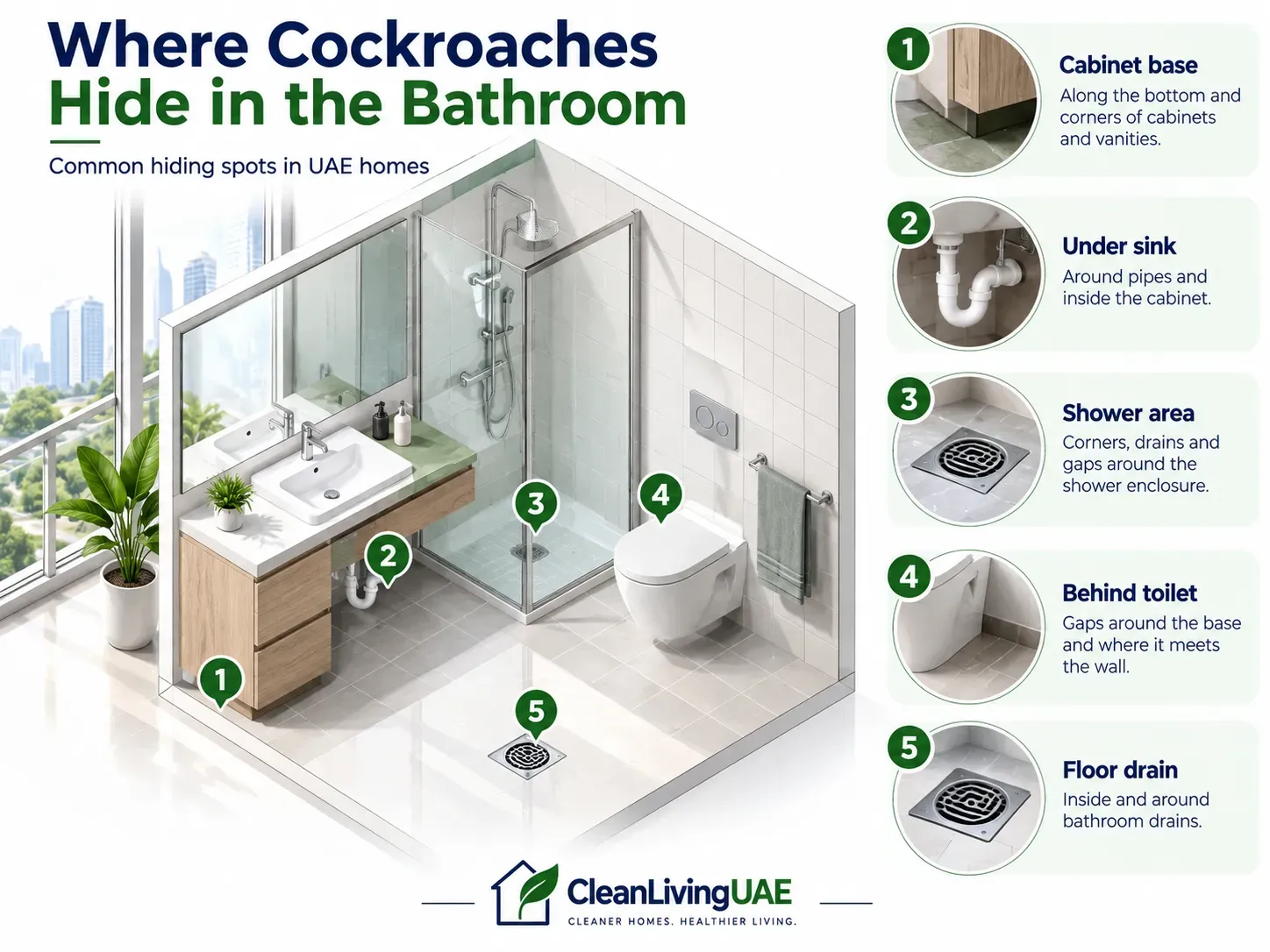 Illustration of a bathroom showing cockroach hiding spots around the vanity unit, toilet base and floor drain