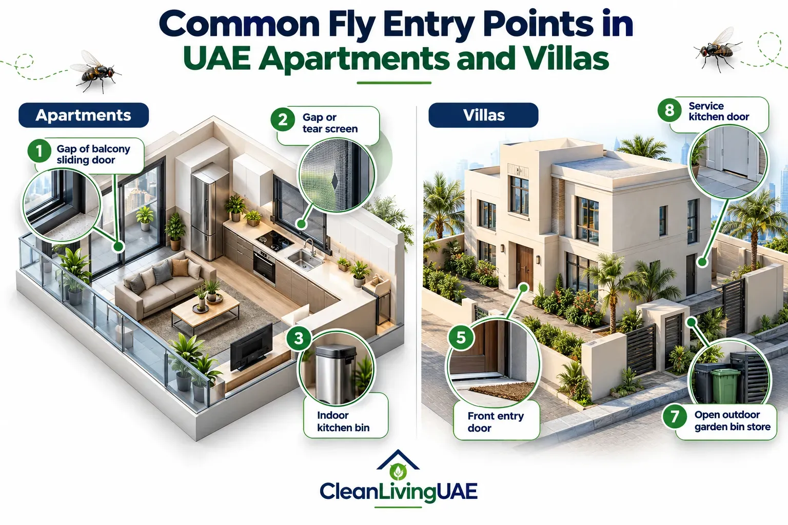 Illustration of common fly entry points in UAE apartments and villas, including doors, balcony sliders, windows, drains and bins