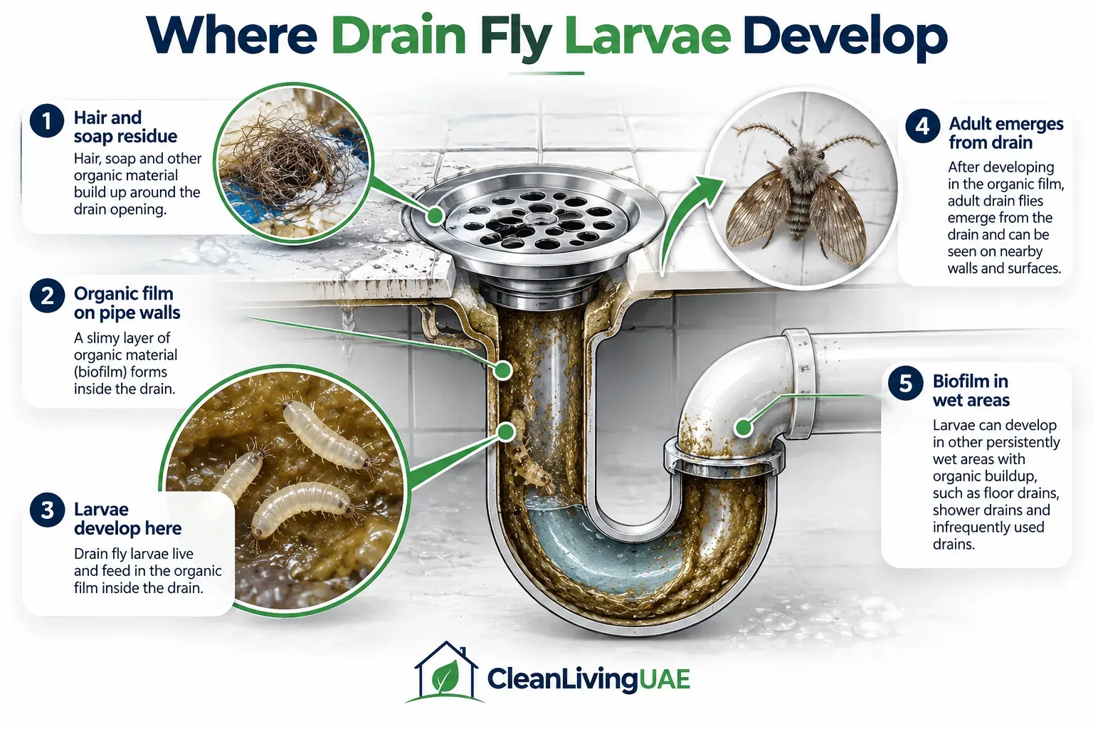Cross-section of a bathroom drain pipe showing organic biofilm where drain fly larvae develop