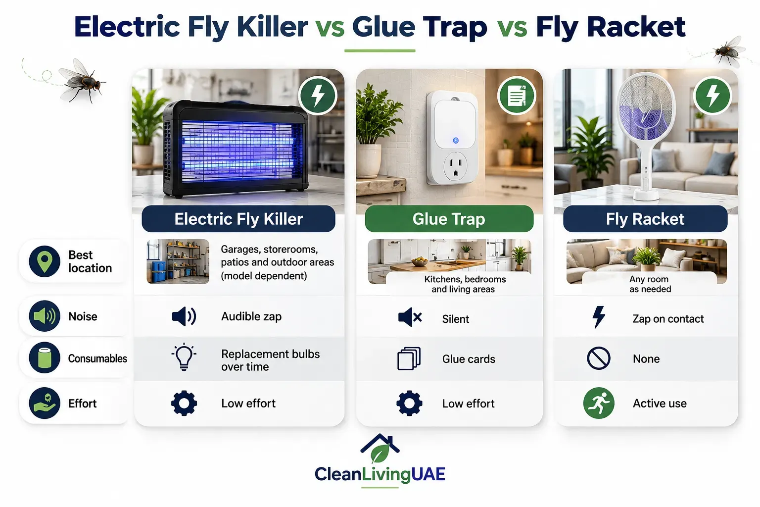 Infographic comparing an electric fly killer, UV glue trap and fly racket by location, noise, consumables and effort