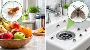 Fruit fly near a kitchen fruit bowl and drain fly near a bathroom basin drain in a UAE home-hero