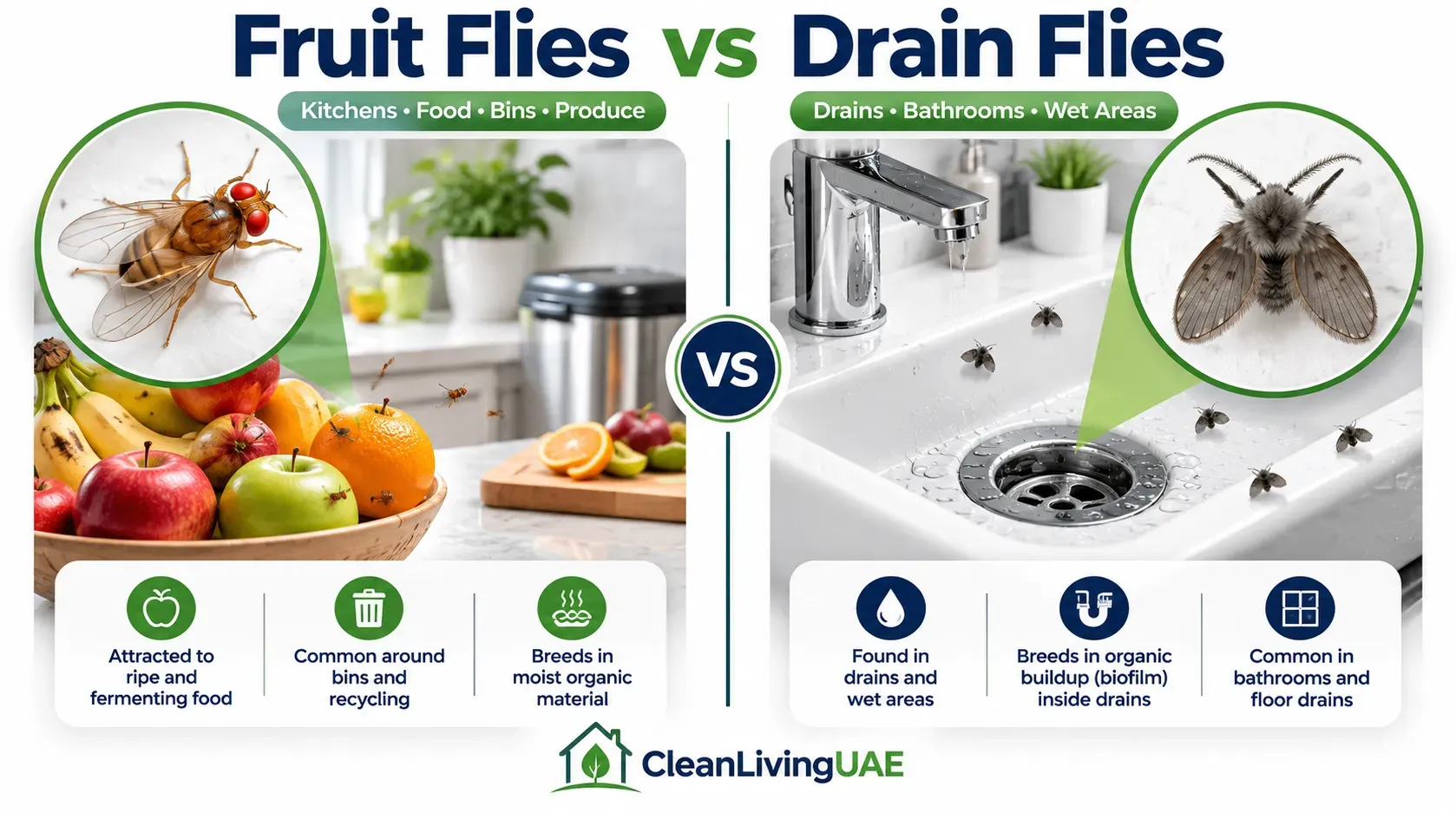 Fruit fly near a kitchen fruit bowl and drain fly near a bathroom basin drain in a UAE home