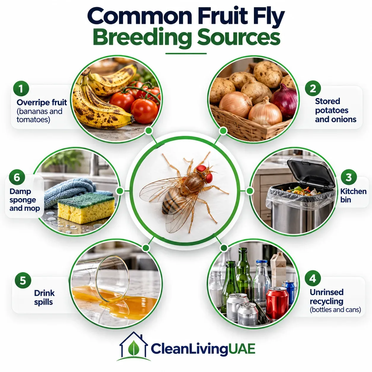 Common fruit fly breeding sources including overripe fruit, bins, recycling, drink spills and damp sponges