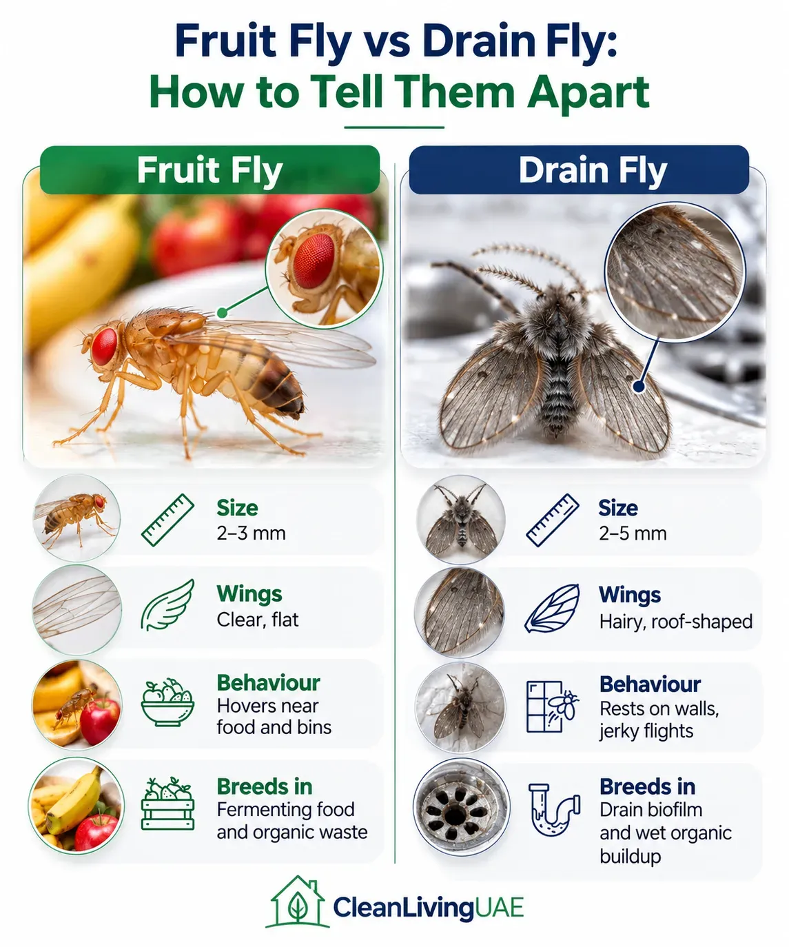 Infographic comparing fruit fly and drain fly size, wings, behaviour and breeding sources