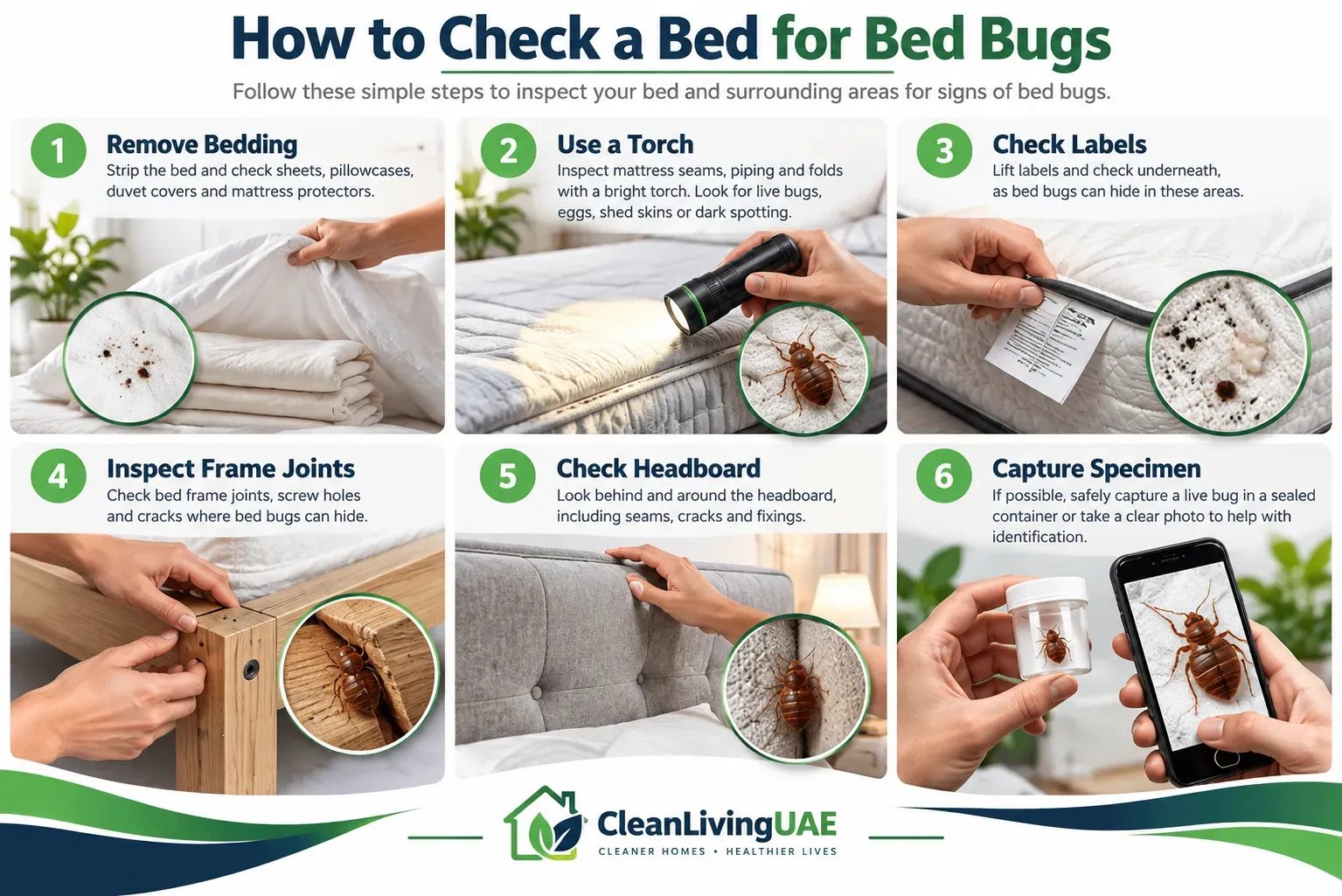 Step-by-step guide showing how to check for bed bugs on bedding, mattress seams and bed frames