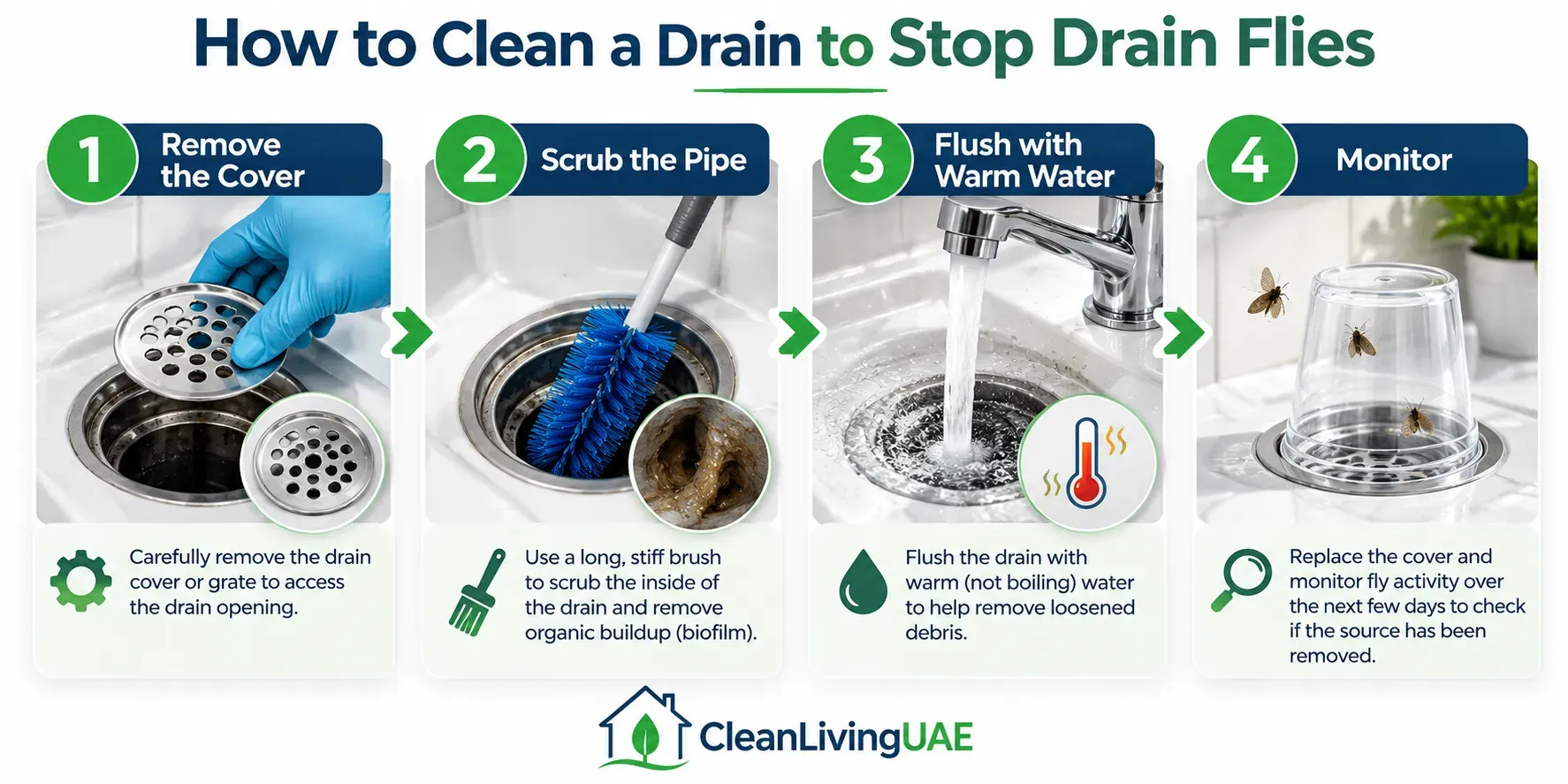Four steps to clean a bathroom drain for drain flies: remove cover, scrub, flush and monitor