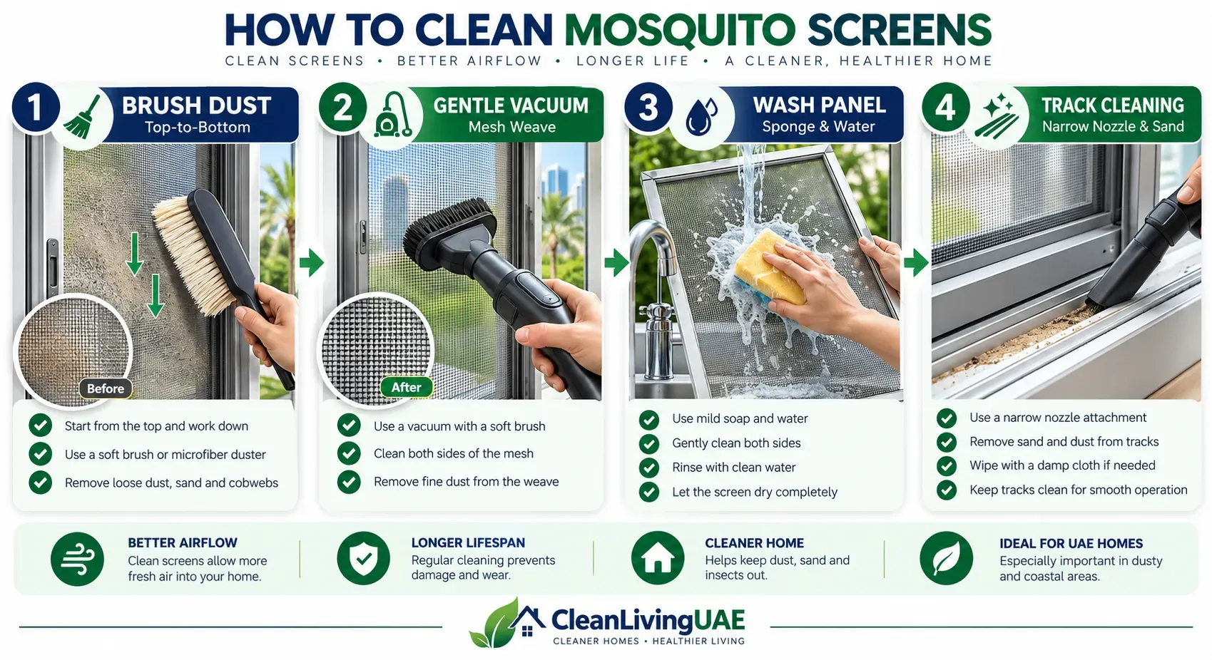 Steps to clean mosquito nets in UAE homes, including brushing dust, vacuuming, washing and cleaning sliding tracks
