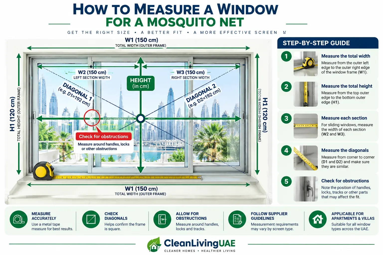 How to measure a window for a mosquito net, showing width, height and diagonal measurements