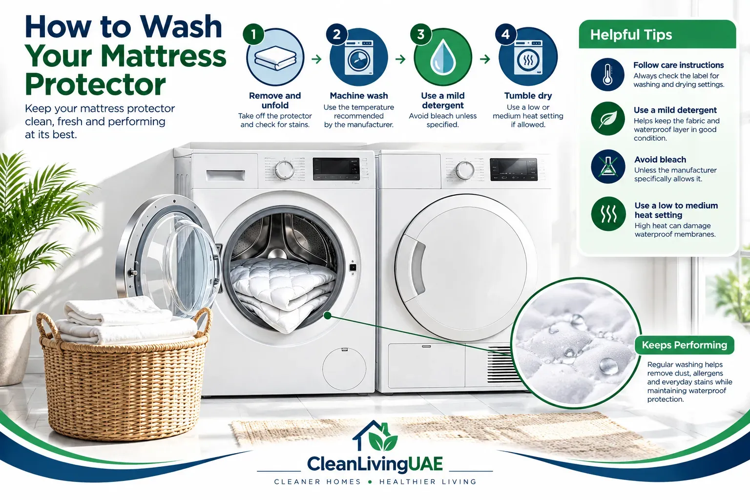 How to wash a waterproof mattress protector with a cool wash, low-heat drying and no bleach or ironing