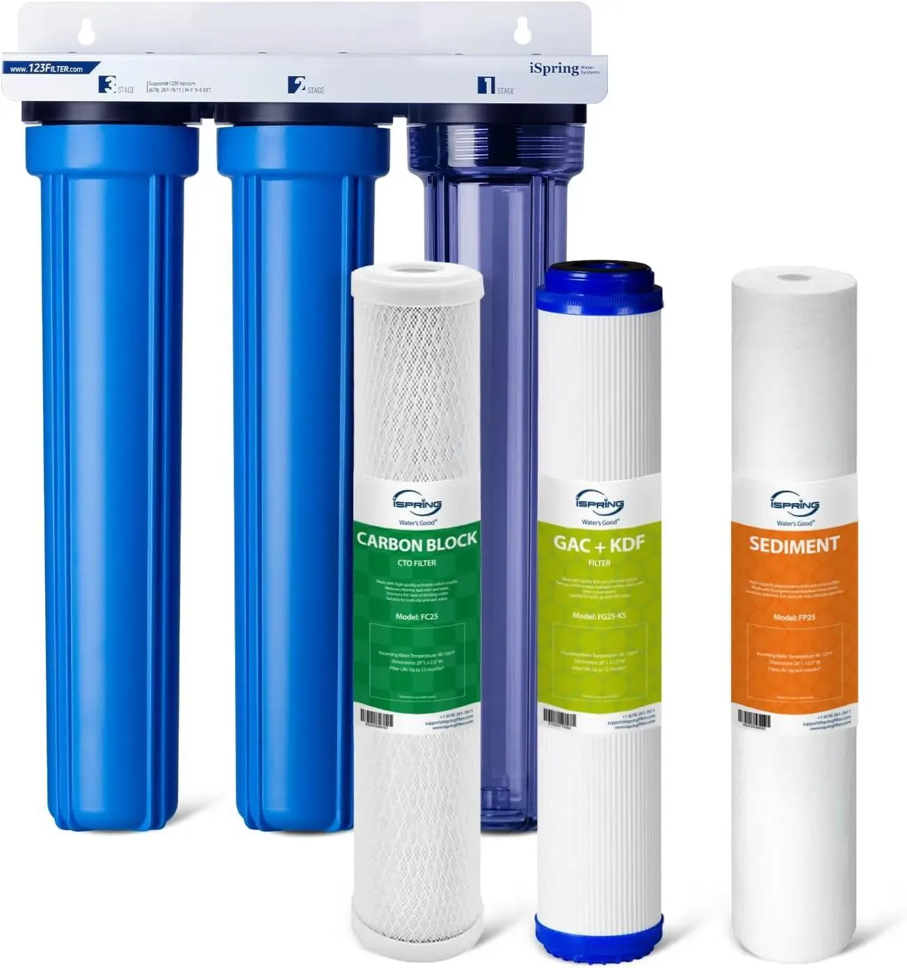 iSpring WCB32C-KS 3-stage whole house water filter with a clear first-stage housing and sediment, GAC and KDF, and carbon block cartridges