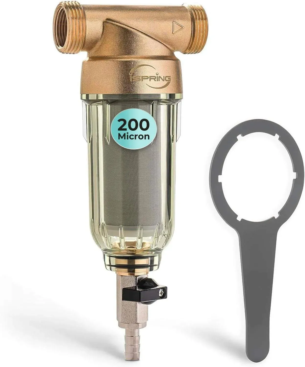 iSpring WSP-200 spin-down sediment pre-filter with brass head, clear housing, 200 micron stainless steel screen and wrench