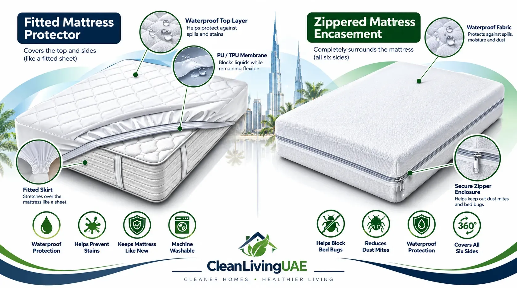 Diagram comparing a fitted mattress protector with an open underside and a six-sided zippered mattress encasement