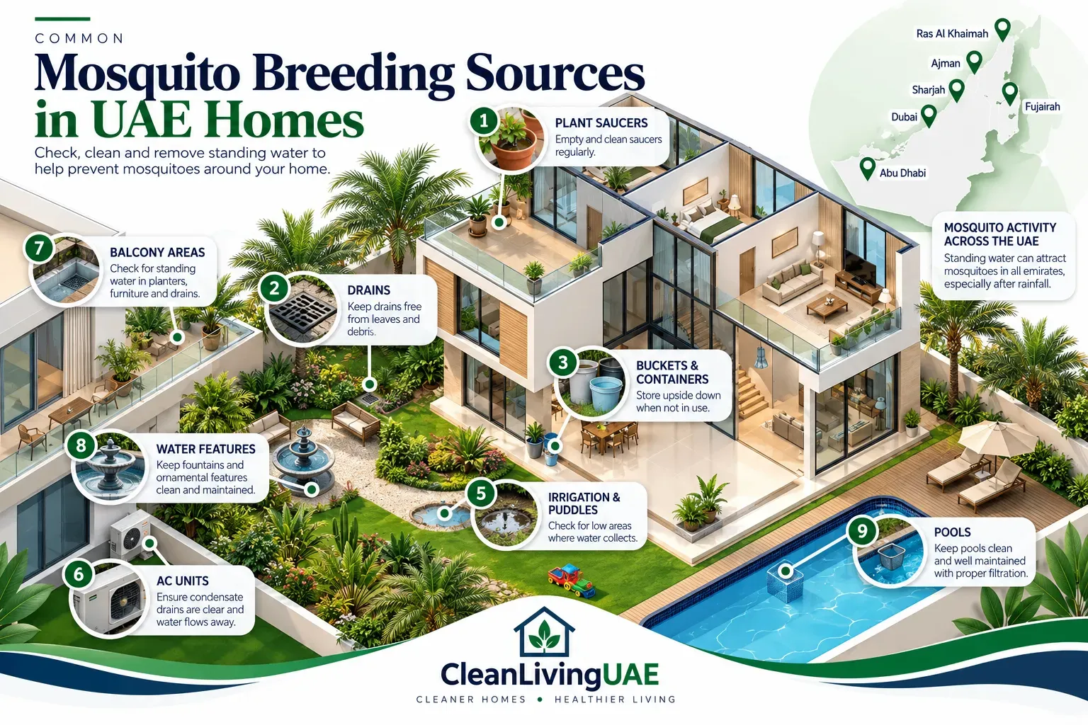 Common mosquito breeding sites around a UAE villa and apartment balcony