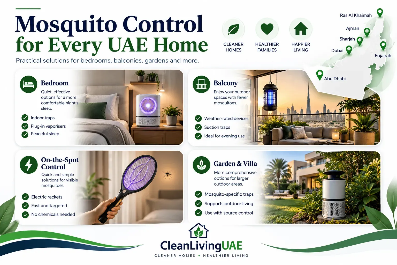 Infographic showing which type of mosquito killer suits bedrooms, balconies and villa gardens in the UAE