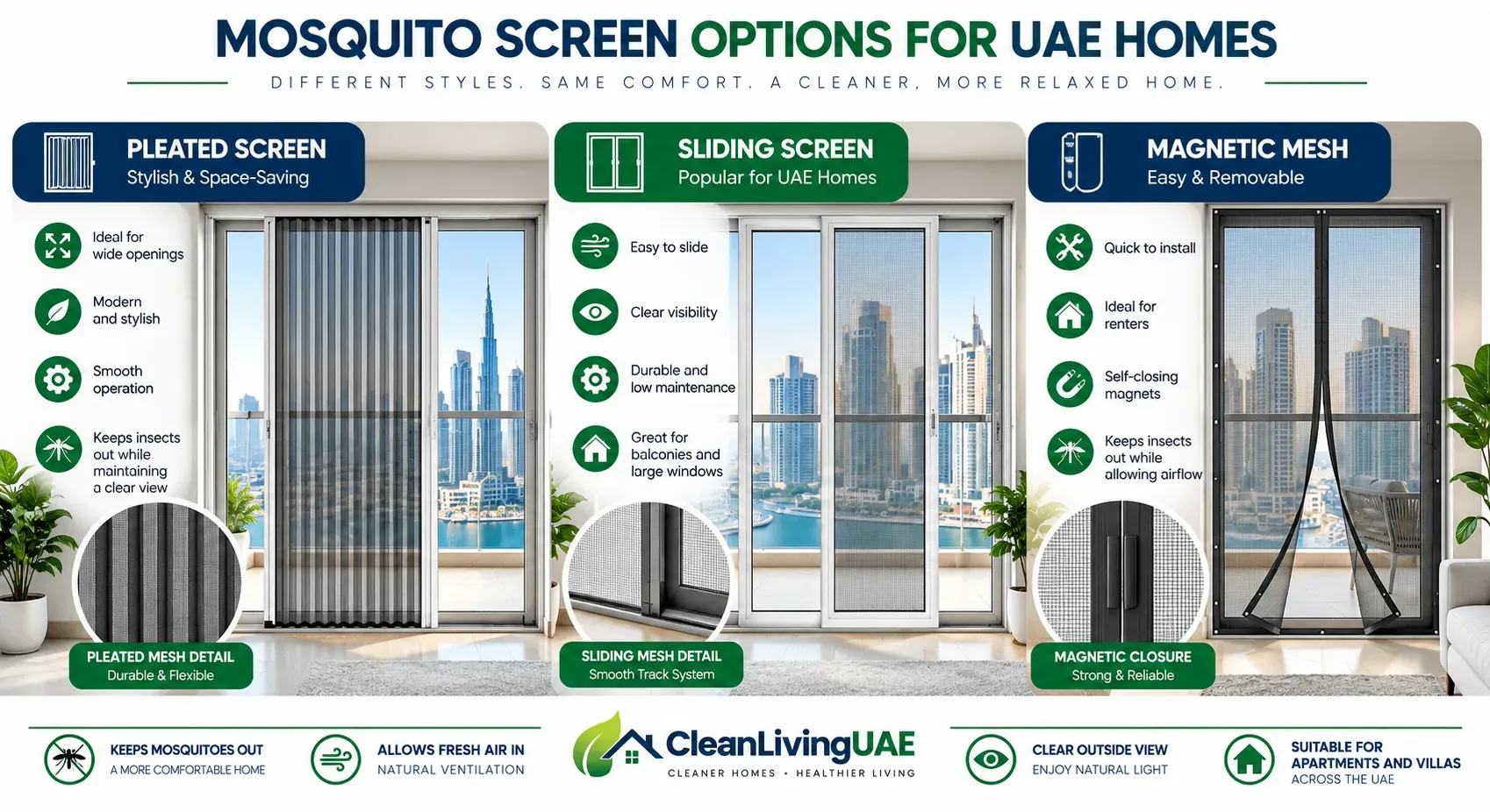 Mosquito net options for a UAE apartment balcony door including pleated, sliding and magnetic screens