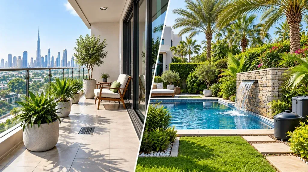 Hero-Dubai apartment balcony and villa garden showing common places where standing water collects