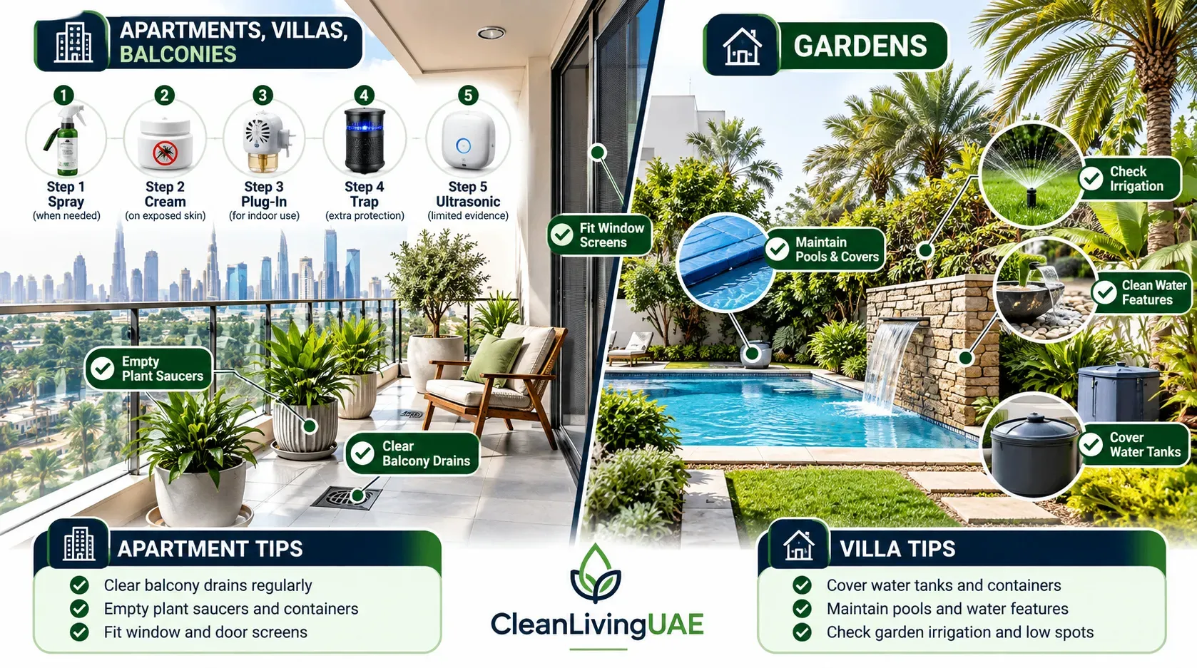 Hero: Mosquito in Dubai prevention - apartment balcony and villa garden showing where standing water collects