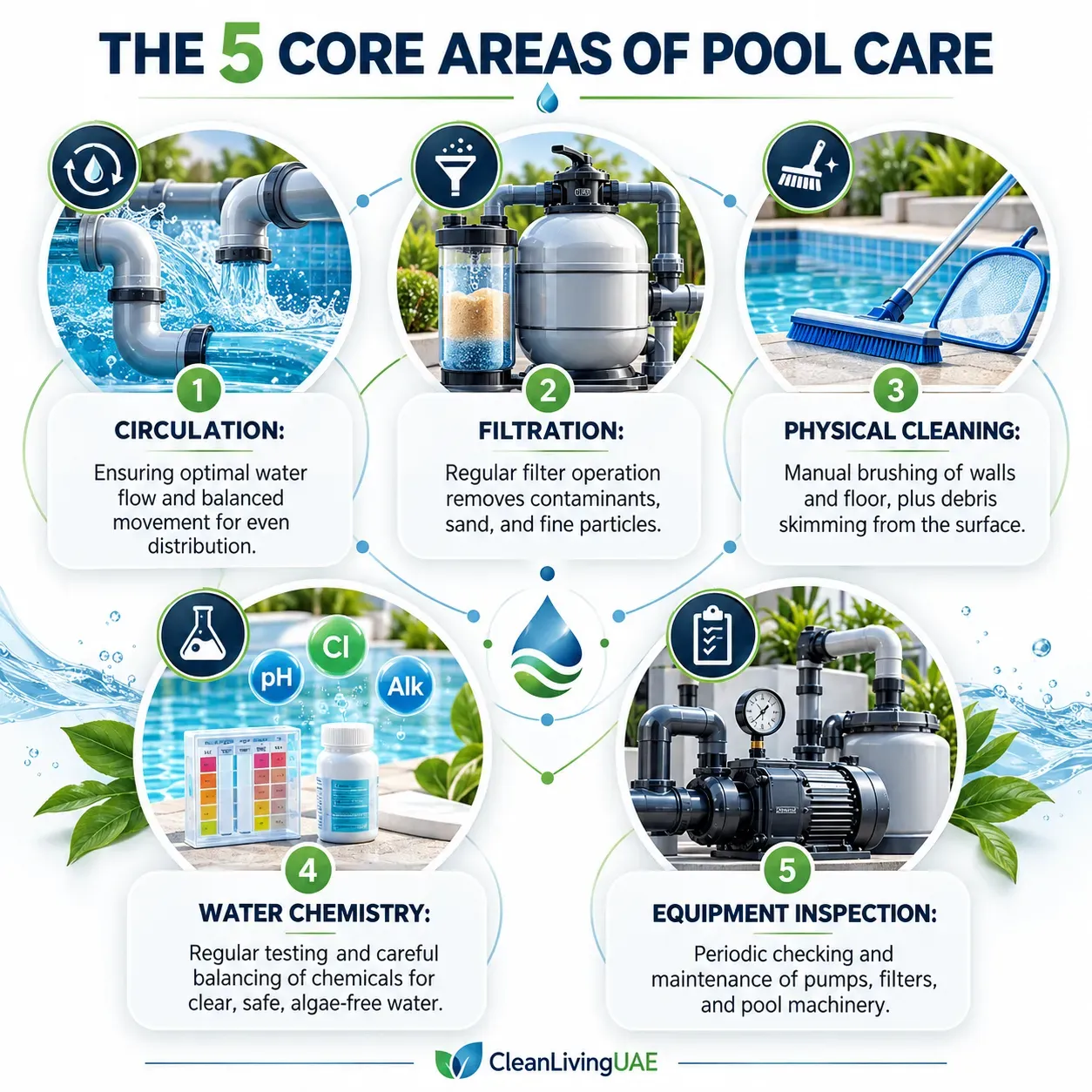 Infographic showing the five core areas of swimming pool maintenance: circulation, filtration, cleaning, water chemistry and equipment inspection
