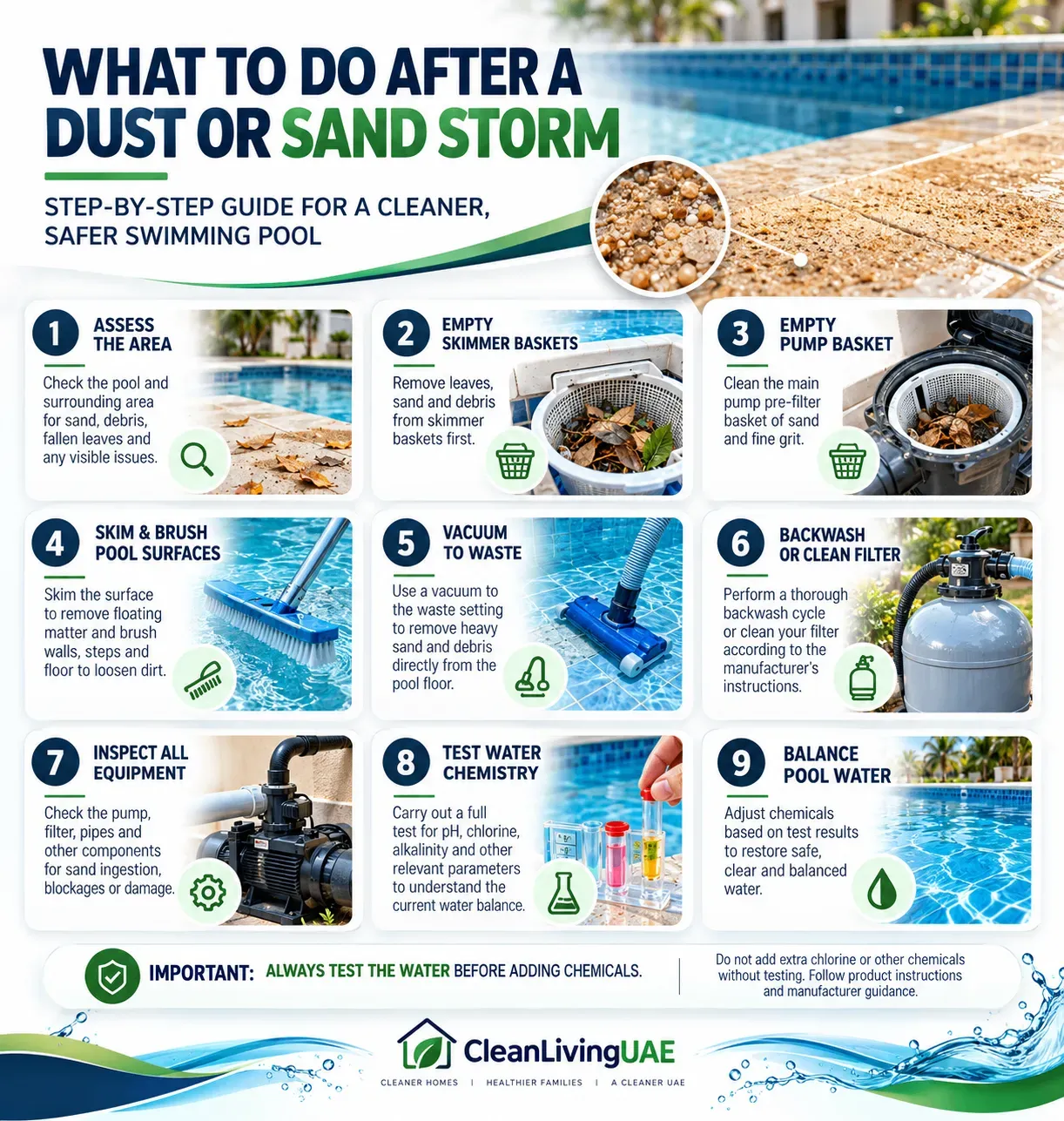 Step-by-step infographic for cleaning a swimming pool after a dust or sand storm in the UAE