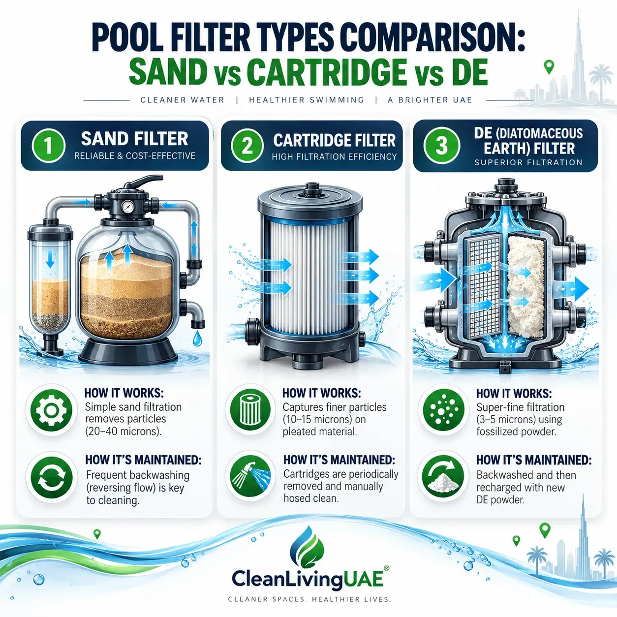 Comparison graphic of sand, cartridge and diatomaceous earth pool filters