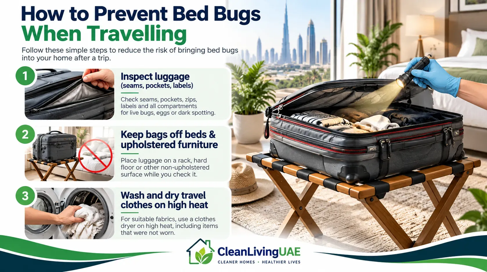 How to prevent bed bugs after travel by inspecting luggage and keeping suitcases off beds