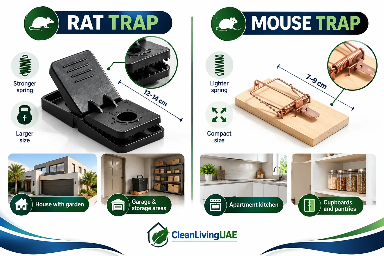 Comparison graphic showing a larger rat trap with a stronger spring next to a smaller mouse trap with a lighter trigger
