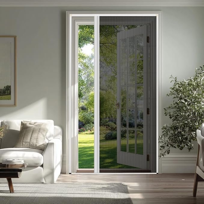 Retractable mosquito screen door with aluminium frame for a UAE home