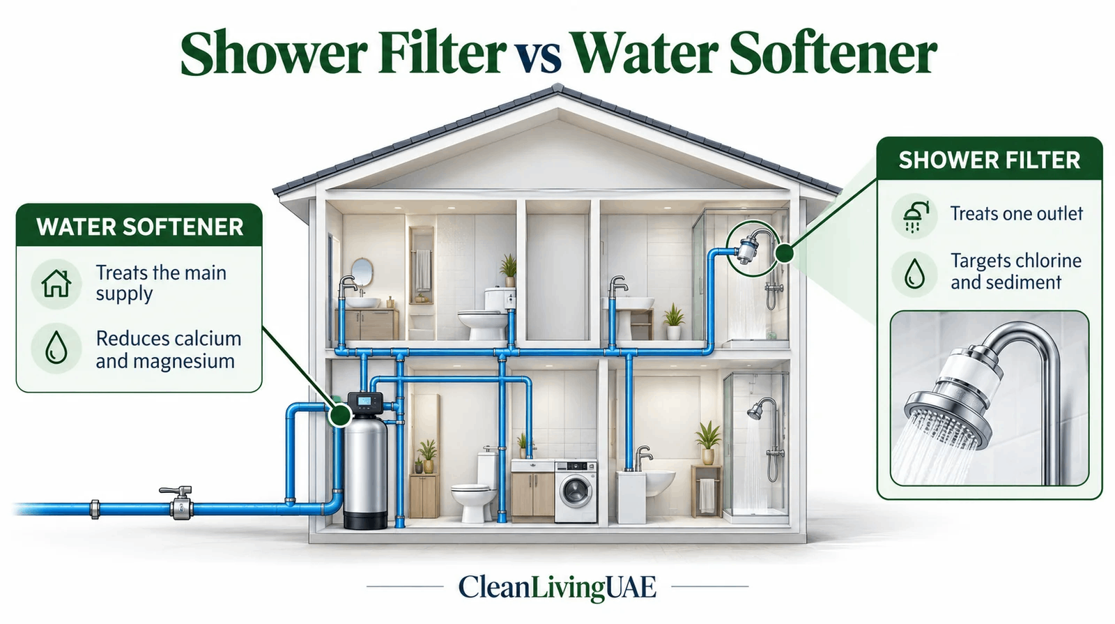 Diagram showing a shower filter treating one outlet and a water softener treating water at the main inlet