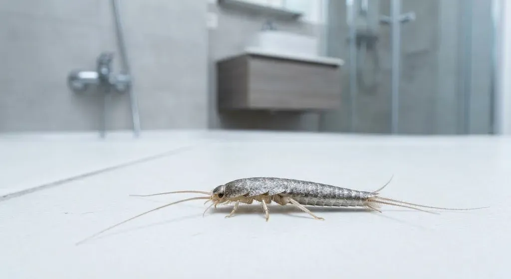 hero-Silverfish on a white bathroom tile in a modern apartment bathroom