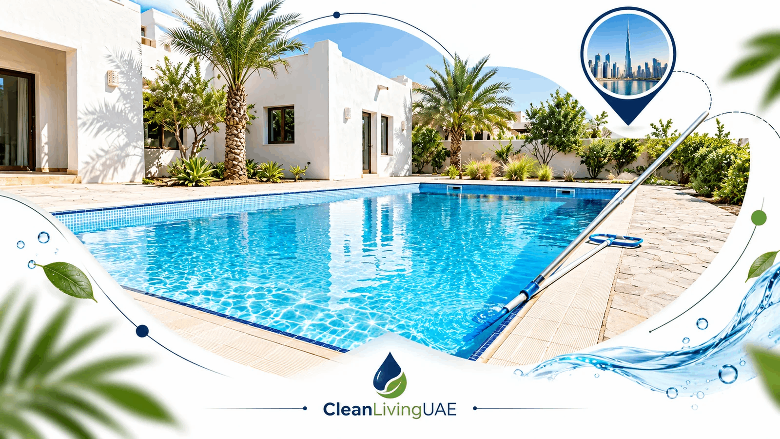 Outdoor villa swimming pool in the UAE with sand near the pool edge and a skimmer net ready for cleaning