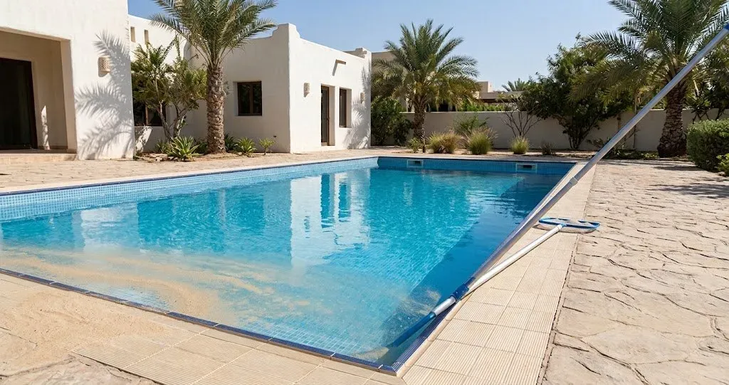 Outdoor villa swimming pool in the UAE with sand near the pool edge and a skimmer net ready for cleaning