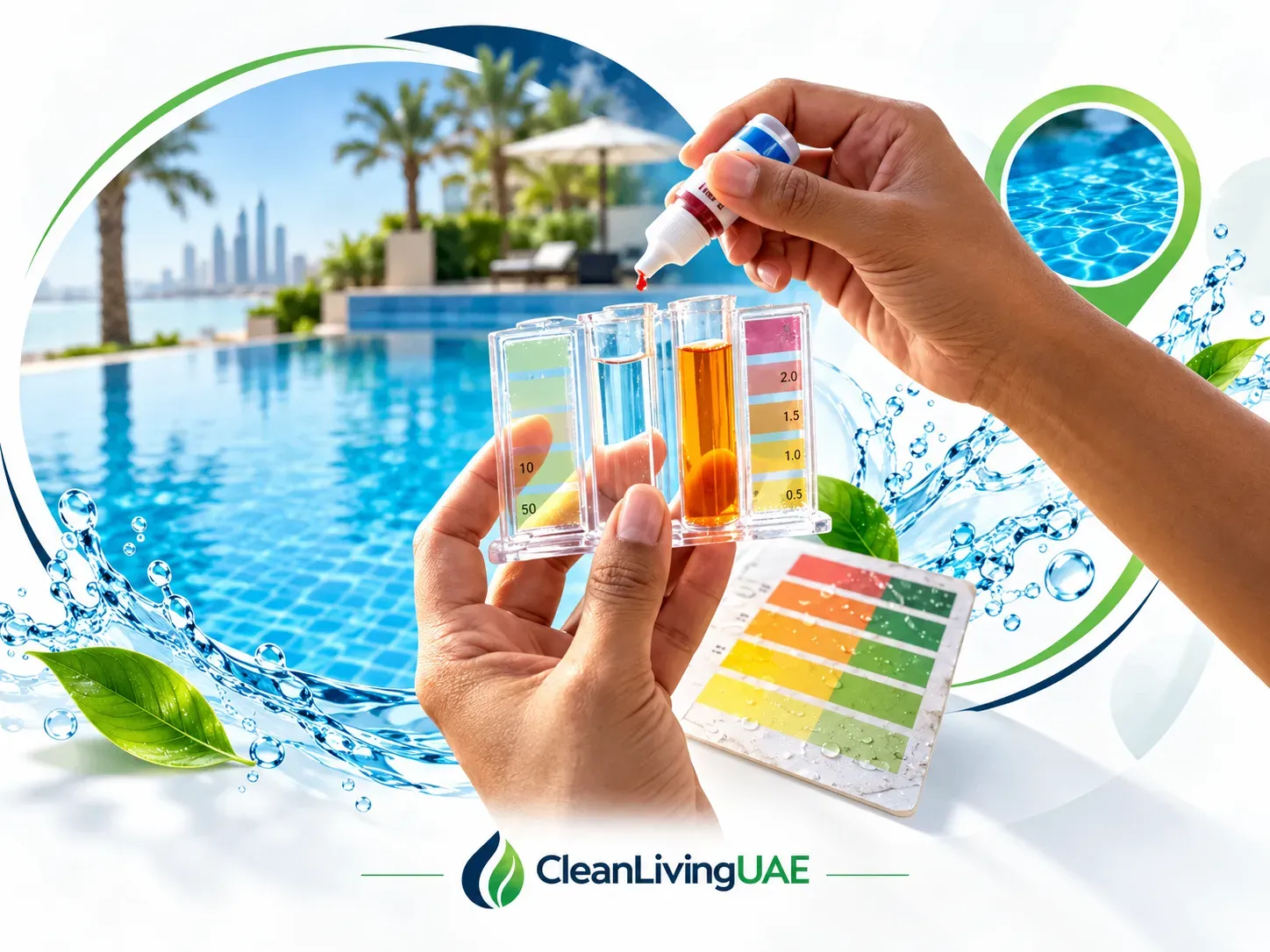 Testing swimming pool water for chlorine and pH with a test kit beside an outdoor pool