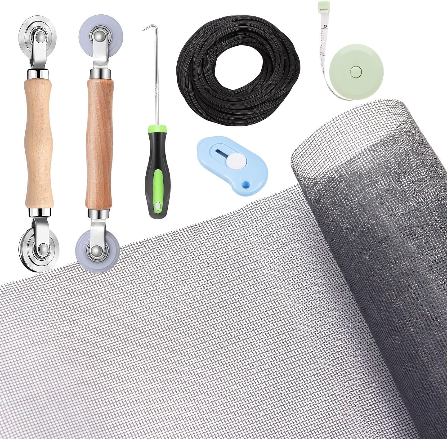 Screen repair kit with fibreglass mesh, spline and rolling tool for sliding mosquito screens