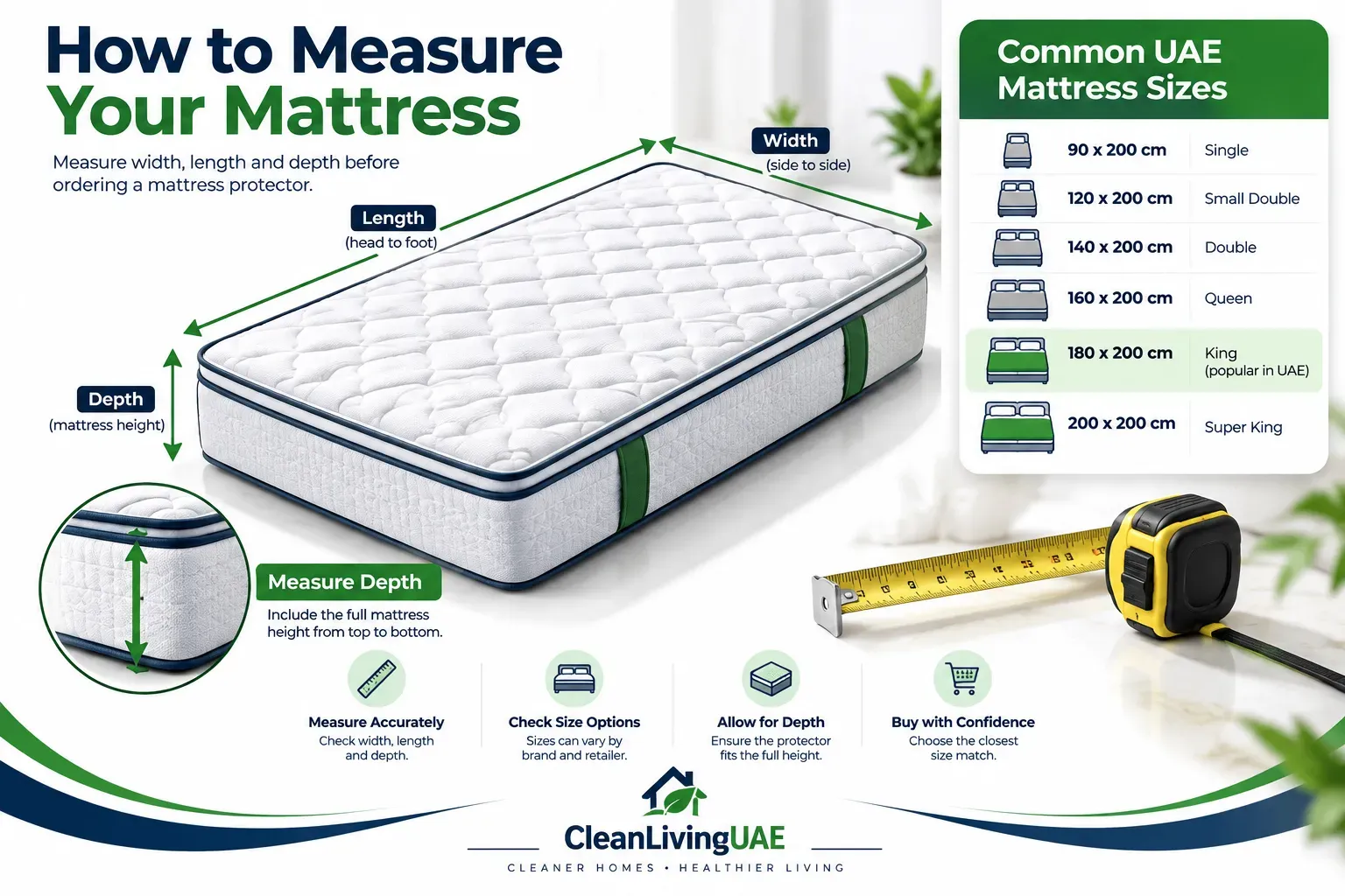 How to measure a mattress for a mattress protector showing width, length and depth in centimetres