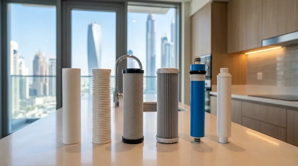 Sediment, carbon block, GAC and RO membrane water filter cartridges arranged side by side on a kitchen counter in a UAE apartment