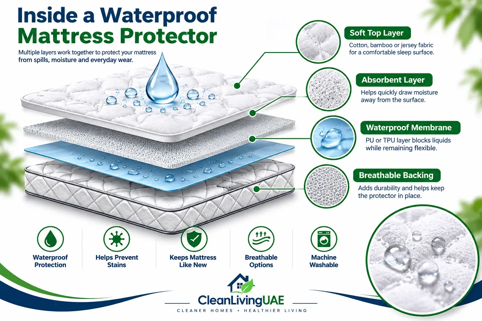 Layers of a waterproof mattress protector showing absorbent top fabric, polyurethane membrane and mattress