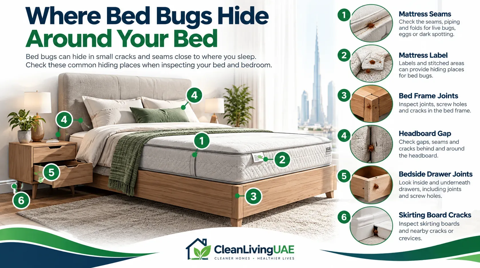 Diagram of where bed bugs hide around a mattress, bed frame, headboard and bedside table